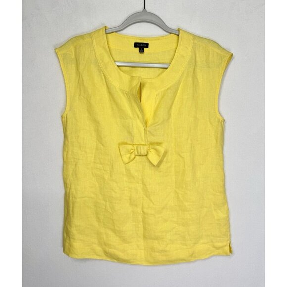 Talbots Sleeveless 100% Linen Top Size 4 Dandelion Yellow Bow Accent Split Neck - Picture 3 of 9